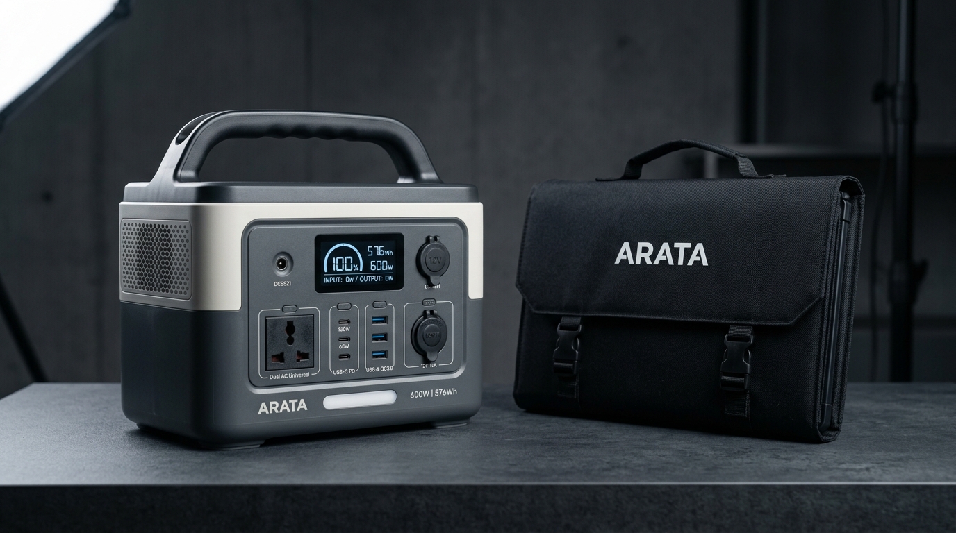 ARATA 576Wh 600W Portable Power Station with Foldable Solar Panel