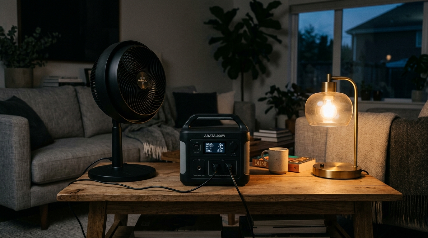ARATA power station powering stand fan and lamp during home blackout