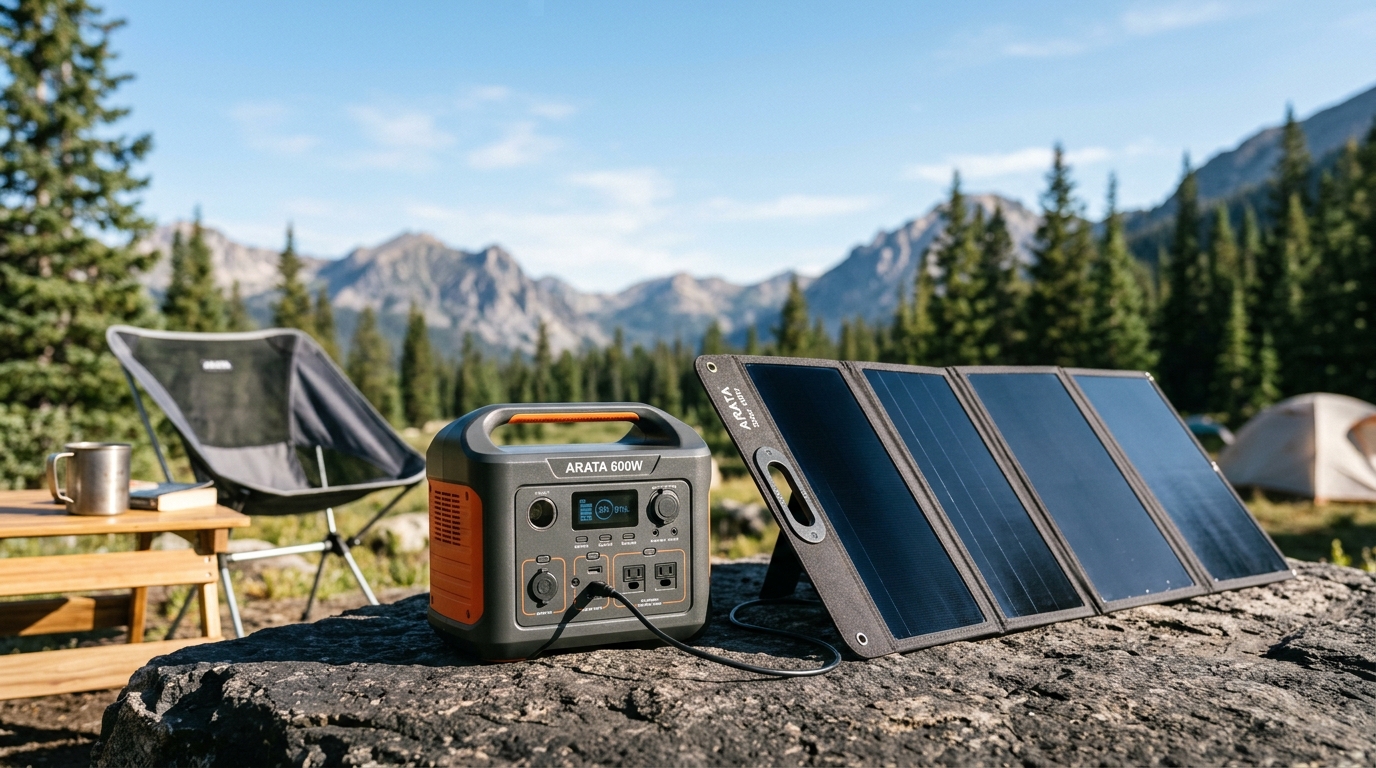 ARATA power station charging outdoors via unfolded solar panel in bright sunlight
